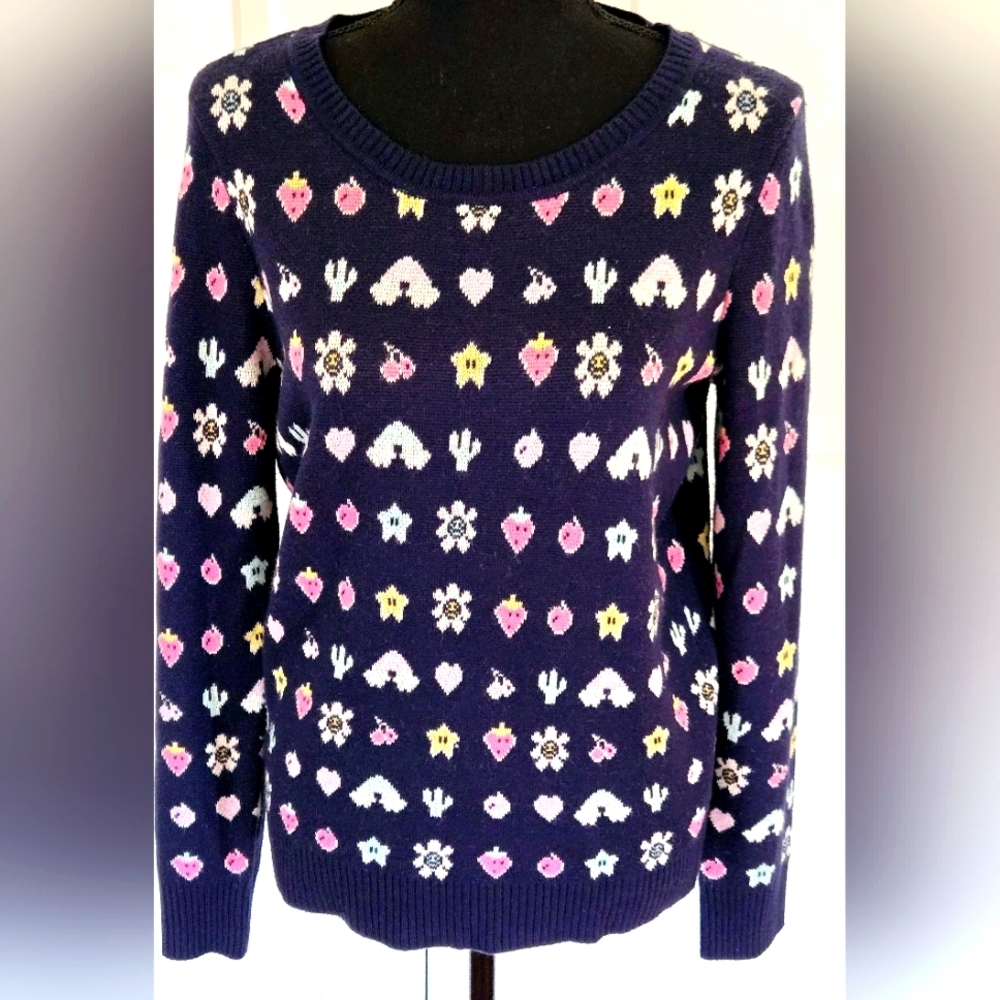 SAKS FIFTH AVENUE Trendy Video Glam Sweater Scoop Neck Navy sz M - Picture 2 of 7